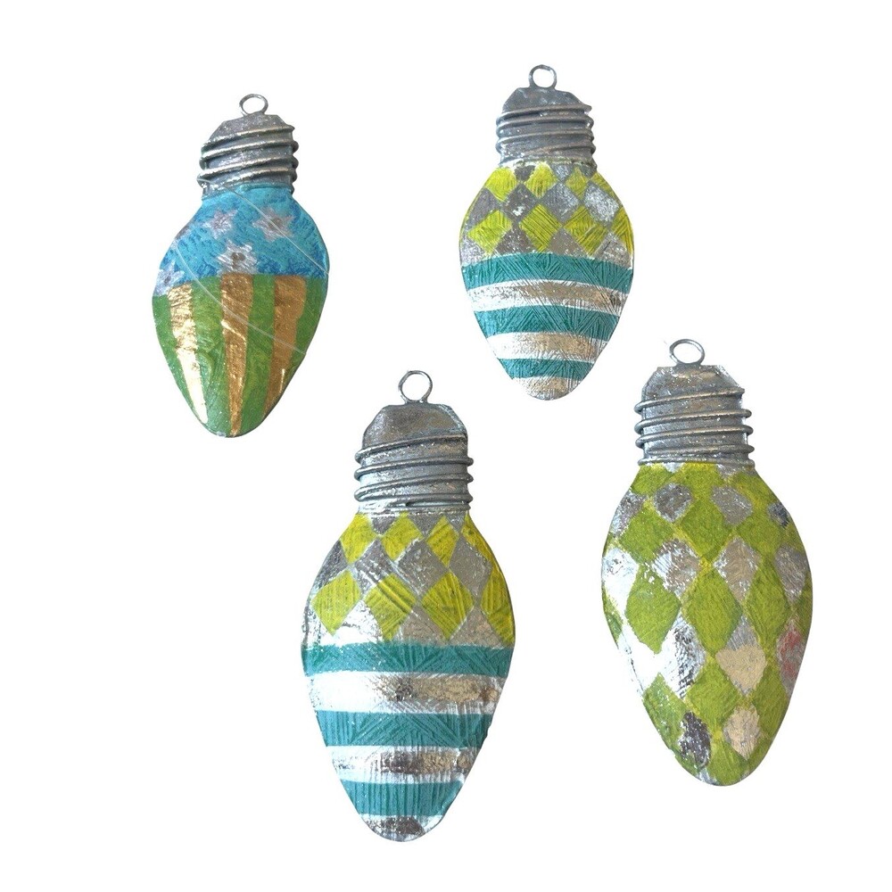 Set of 4 Metal Hand Painted Light Bulb Christmas Ornaments 4"
